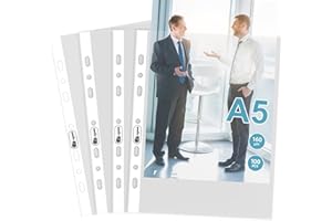 Agoer 100Pcs Pochette Plastique A5 Transparente (Grainées), 160Micros Pochettes Plastique Perforées A5 Plus épais, Cristal Format DINA5,7 Trou pour 2/3 Anneaux, pour École,Bureau,Famille