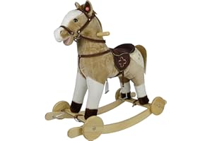 MONDIAL TOYS Cavallo a Dondolo per Bambini da 36 a 72 Mesi Cavalcabile in Legno e Peluche con Rotelle Suoni e Movimenti Realistici Beige
