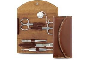 ‎NIPPES SOLINGEN nippes Solingen Classic Premium-Maniküre Set, 5-teilig, Echtes Rindsleder-Nageletui, braun, Edelstahl nickel- & rostfrei, Nagelpflege Set, Made in Solingen/Germany
