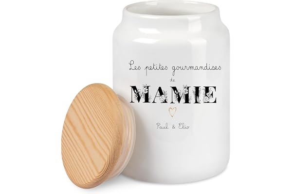 Pot à Cookies Personnalisé "Les Petits Biscuits de Mamie" – Céramique Blanche avec Couvercle en Bois – Cadeau Fête des Grands-Mères – Inscription avec Prénom des Petits-Enfants – 650 ml