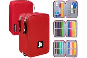 Julian Ross Rojo Estuche Triple Lleno para Niñas y Niños, Plumier Triple, 45 Accesorios Educación Primaria, 20 Centímetros, Pegamento de Barra, Mina+, 3 Cremalleras, Compartimentos Organizados