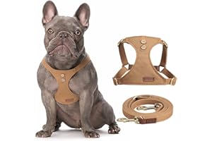 Puppytie Pettorina Cane Taglia Media con Guinzaglio per Cani - Morbida, Leggera, Regolabile, Senza Soffocamento, Antifuga, per Animali Domestici - Gilet per Cani - Cachi Denim, M, 7.5-14 kg