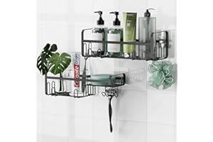 iSPECLE Shower Caddy, Bathroom Shelves with Hooks, Razor Holder, Soap Dish, Towel Hook Adhesive Shower Shelf for Bathroom Storage Kitchen Accessories, 2 Pack, Black
