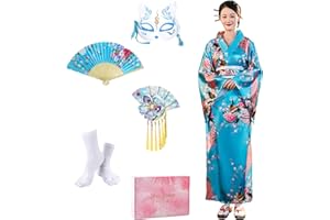 CRFASIBE Women Long Kimono Robe 5pcs Japanese Traditional Dress Costume Set Peacock Kimono Photography Cosplay Costume