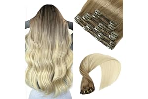 VINBAO Extension Capelli Veri Clip 100g, Da Marrone Chiaro a Biondo Platino Extension Clip Capelli Veri, 40cm Umani Clip Capelli Estensione Con Balayage 6pcs (#C8T60, 16'')
