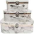 Emartbuy Set of 3 Rigid Luxury Presentation, Suitcase Gift Storage Box, White Marble Print, White Interior with Metal Handle and Clasp