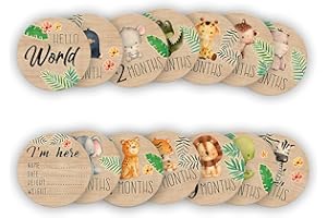 PAMBO Baby Monthly Milestone Cards, Jungle Animals Wooden Discs for Baby Photo Takens with Hello World Signs - 14 Sides Round Circles Signs for documenting Growth