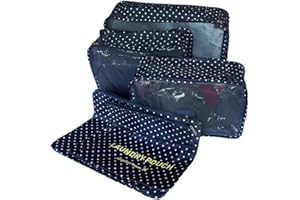 FakeFace 6er-Set Packtaschen Wäsche Gepäck Organizer Gepäcktaschen Set Wasserdicht Kleidertasche Kosmetiktasche (Dunkelblau Punkte)