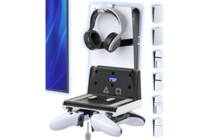 GERSKER Soporte de Pared para PS5 Compatible con Consolas P5/Slim/Pro Disc & Digital, Soporte Vertical para PS5 para Base mando P5, Kit de Montaje en Pared para PlayStation 5 Accesorios con Gancho Auriculares