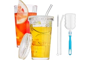 DONGSHANGIFT Żebrowane szklanki z pokrywką i słomką, zestaw 2 szt., szklane kubki ze szklaną pokrywką i słomką, kubek do kawy na lód ze szkła z pokrywką, 375 ml, zestaw szklanek do coocktail, whisky, piwa,