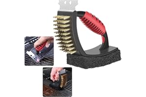 CAKEFLY BBQ Grill Brush Barbecue Cleaning Brush 3 In 1 Barbecue Cleaner Tools Steel Scraper Scouring Pad Copper Wire Brush Heavy Duty Grill Cleaning Kit with Heat Insulation Handle