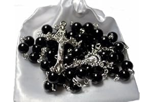 AMELIA MAE First Holy Communion Black Rosary Beads 1st Communion Confirmation Girls/Boys Gift Excellent Quality Five Decade Rosary & Silver Crucifix Pearl Effect Beads with Free White Satin Drawstring Pouch