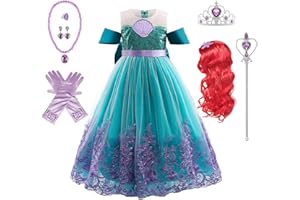 Kosplay Fille Robe de Princesse Ariel et Accessoires Déguisement de Princesse Sirène Costume Anniversaire Fête Halloween Noël Partie Carnaval Cosplay Enfant Robe de Soirée