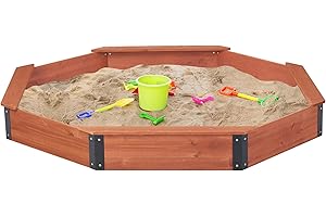 SOLIWOOD 85 x 78 x 9 inch Octagon Sandbox with Cover for Children Outdoor Play US Patented Large Wooden Sandpit with 4 Benches Quick and Easy Installation
