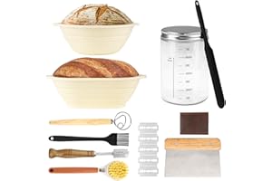 CAIXINYI Set cottura pane 9 pezzi, comprensivo di 2 cestino lievitazione pane, frusta danese, coltello pane, lametta per pane, bicchiere lievitazione, spatola, pennellino per olio, spazzolino per pulizia