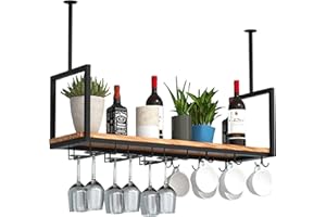 DSVONAUS Casier À Vin Au Plafond Casier À Vin Porte-verres À Vin Suspendus Porte-verres À Pied，Flottante Étagère En Bois Massif En Fer，Pour Bars / Restaurants / Cuisines Rack De Rangement (80*30*60cm)
