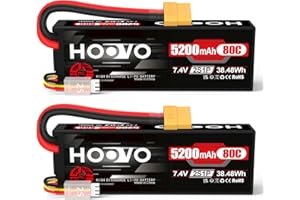 HOOVO 2S LiPo Battery 7.4 V 5200 mAh 80C Hard Case with XT60 Plug Batteries Replacement Battery for RC Car Truck Helicopter Aeroplane Rock Crawler Aeroplane Truck Boat (2 Packs)