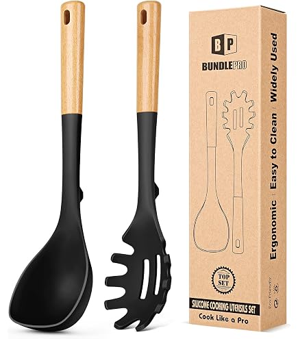 2 cucchiai in silicone per spaghetti, grandi forchette per pasta resistenti al calore, mestolo per zuppa solido, cucchiai da mescolare con manico lungo, utensili da cucina, drenare, mescolare (nero