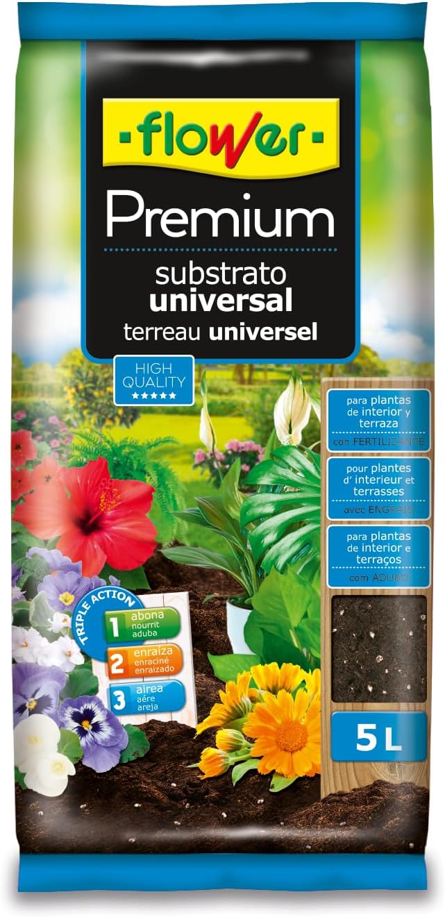 Flower - Sustrato Universal Premium 5 L | Tierra para Plantas Interior y Exterior | con Fibra de Coco y Perlita | Aireación, Drenaje y Enraizado Óptimo