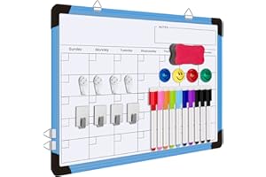 FINEW Tableau blanc magnétique 40 x 30cm, Tableau blanc double face suspendu avec cadre en aluminium inclus, Tableau magnétique Peut être utilisé pour l'école, maison, bureau, cuisine (Bleu)