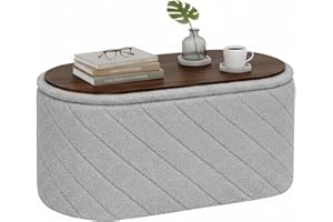 Bonlife Oval Ottoman Storage Bench, Folding Foot Rest with Lid, Boucle End of Bed Bench,Foostool for Living Room,Bedroom,Entryway,Grey,76x38x38cm