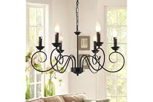 ‎JIINOO JIINOO Kronleuchter im Traditionellen Landhausstil, Vintage Höhenverstellbarer Kerzenleuchter aus Eisen Deckenlampe, 6 E14 Lichter Bauernhaus klassische Pendelleuchte für Küche Esszimmer Wohnzimmer