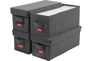 NUSWOR Premium CD Storage Box | Stackable CD Organizer Box with Lid | Holds 140 Jewel Cases | 14.37 x 5.5 x 6.3 inches | 4 Pack | Grey