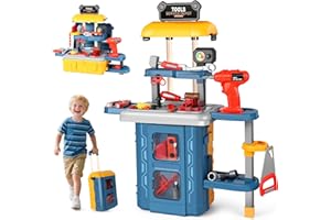 QiquBox 3 en 1 Banco de Herramientas Juguete, 46 Piezas Trabajo Jugete Juego Caja Herramientas Juguetes Cumpleaños Navidad Regalo para Niños Niñas 3 4 5 6 Años