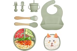 FAUXPONT Vajilla Bebe de Silicona 8 Piezas, Vajilla para Bebés Con Ventosa, Libre de BPA, Vajilla Apta para Lavavajillas y Microondas, Incluye Plato, Cuenco, Taza, 2 Tenedor, 2 Cuchara y Babero (Verde-1)