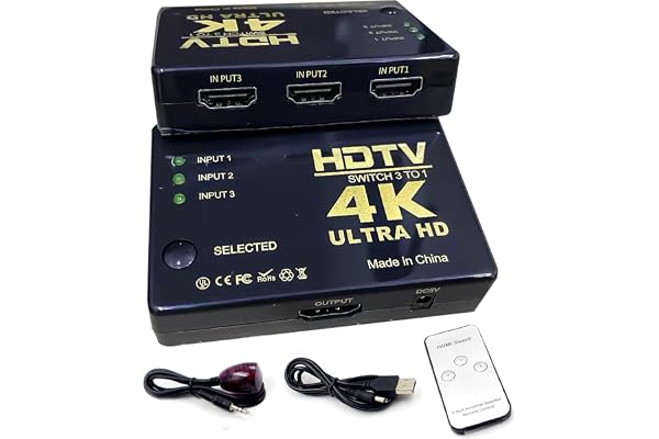 Ultra HD 4K HDMI Switch Selector, 3 in 1 Out, 4K@ 60Hz, No Extra Power, IR Remotel, Compatible with PS5 Pro, PS5/4/3, Roku Stick, Fire TV, Nintendo Switch, X-Box, PC, Notebook