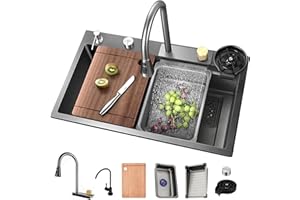 ATHOMASM Stainless Steel Sink, 1 Basin, 85 x 50 cm, Black, Grey, Built-in Kitchen Sink with Waterfall Design, Extendable Tap, Workstation and Draining Basket