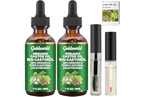 GOLDWORLD Castor Oil,2 Packs w/Free Lash&Brow Brushes&E-Book,100% Pure Hair Oil for Eyebrow Lash Eyelash Beard Growth Serum Dry Hair Skin Care Essential Oils,Gifts for Women Men Mum Wife Her