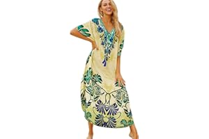 L-Peach Damskie kwieciste haftowane kimono, długa letnia sukienka maxi, kaftan, na plażę, okrycie górne boho