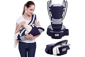 Lohofrnny Porte Bébé, Siège de Hanche Multifonction pour Porte Bebe de 0 à 36 mois, Porte-bébé ergonomique avec Siège de Hanche/Pur coton, Toutes Saisons, Charge Maximale 25 kg (Bleu marine#B)