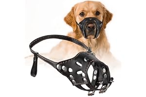 LSTPETBB Dog Muzzle Leather, Comfort Secure Muzzles for Small Medium Large Dogs, Adjustable Breathable and Drinking, Dog Mask Prevent from Biting, Chewing, Barking (Black, XL-Snout Circumference:10.2"-12.9")