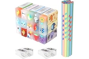 DYMHQ 32Pcs Pencils Rubbers Sharpeners Set, 15 Pre-Sharpened Triangular Pencils, 15 PVC Jelly Sandwich Eraser, Multicolor Wood HB Pencil Non-Slip, Eraser Pencil Set with 2 Sharpeners for Kids Writing