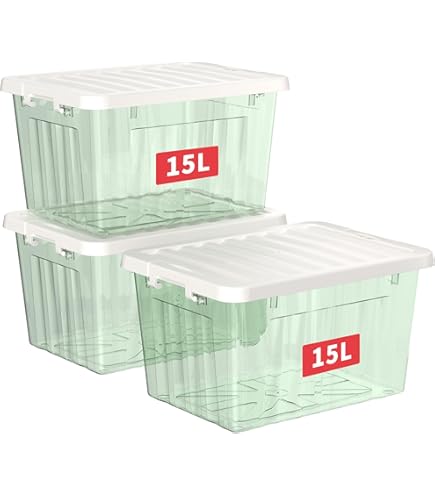 Cetomo 55L x 3 plastic opbergdoos, wit, draagtas, organiserende container met duurzaam deksel en veilige sluitgespen, stapelbaar en nestbaar, 3 stuks, met gesp