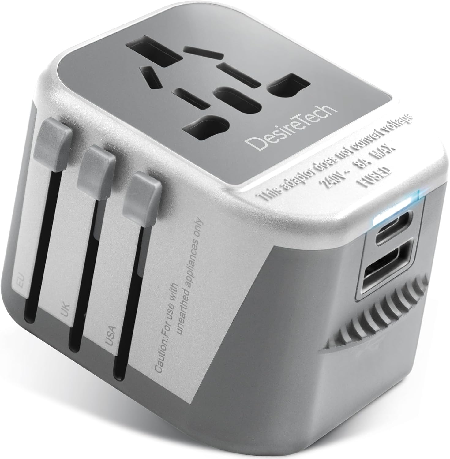 Desiretech Travel Adaptor - 4-in-1 Universal Plug Adapter with USB-A, USB-C, Phone Docking - Compact UK to World Adaptor, Double Fuse Protection - Perfect for Europe, USA, Asia & Beyond (White/Grey)