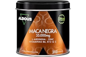 ALDOUS BIO Maca Noire 35.000 mg - 200 gélules - Extra Forte - Extrait 20:1 - Avec Arginine, Zinc, Vitamine C, B12 et B6 - Maca du Pérou hautement concentrée - Régulateur hormonal, Énergie, Vitalité - ALDOUS