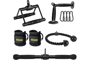 DYNASQUARE Cable Attachments for Home Gym, LAT Pulldown Equipment, Weight Machine Accessories, Straight Pull Down Bar, V Bar, Tricep Rope, Revolving Row Handle, Stirrup Handle