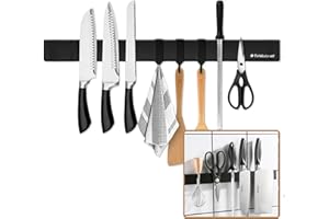 Trhillsbrad listwa magnetyczna na nóż, 50 cm, magnetyczna listwa na noże, z 3 haczykami, stal nierdzewna, samoprzylepna, czarna listwa magnetyczna, bez wiercenia, uchwyt na noże