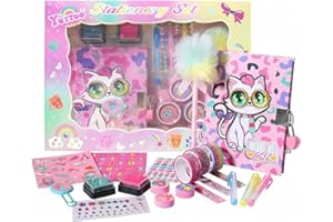 Pinkgarden Diario de gatos para niñas con candado y llaves, set de papelería de gatos con sellos, pegatinas y bolígrafos - Regalo de cumpleaños perfecto para niños de 4 a 12 años