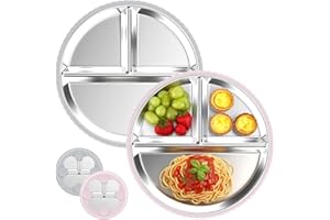 SonPen 2 Stück Edelstahl Baby Teller mit Saugnapf, Sturzsicher Kinderteller mit Entfernbarer Silikon Hülle, Babyteller mit Saugnapf Spülmaschinenfest Geteilte, Ungiftig und BPA-frei (Grau Rosa)