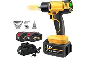 OFEACE Écran LCD Décapeur Thermique Sans Fil avec 2 Batteries 2.0 Ah, 4 Vitesses de Vent Pistolet à Air Chaud Sans Fil avec Température Réglable 60-540 ℃, 3 Buses Incluses pour Soudure, Cintrage de Tuyau