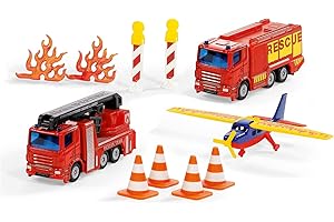 siku 6330, Geschenkset Feuerwehr, LKW mit Hubrettungsbühne, Löschfahrzeug, Flugzeug, Bewegliche Teile, Inkl. Pylonen, Barken und Flammen