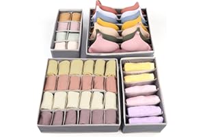Sofore 4 x Foldable Non-woven Drawer Organizers, Set of 4 Open Storage Boxes for Socks, Closet, Bras, Socks, Baby Clothes, Ties, Scarves, Cosmetics, Grey