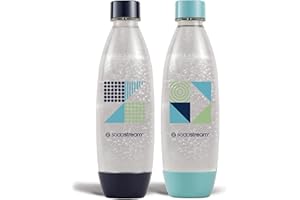Sodastream - Lote de 2 botellas de 1 l para máquina de agua con gas y soda | Tecnología Snap & Lock Clipser | Compatible con lavavajillas | Sin BPA | Detalles azul oscuro y cian