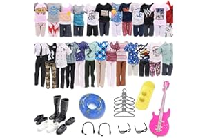 TULEBOLIAN 21pcs VêTements Et Accessoires pour PoupéEs Ken,5 VêTements DéContractéS 5 Pantalons 4 Chaussures 1 Natation 1 Guitare 1 Planche De Surf 2 Paires De Lunettes 2 éCouteurs,pour PoupéEs 30 Cm