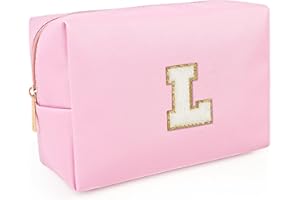 Hiyouer Personalized Initial Makeup Cosmetic Bag, Women Girls Gifts Preppy Stuff PU Leather Waterproof Makeup Pouch Make up Bags with Chenille Letter (Pink Letter L)