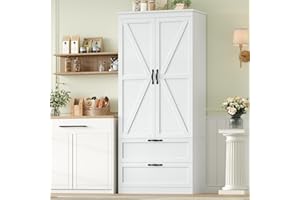 HOCSOK Kitchen Pantry Cupboard, Tall Storage Cabinet with 2 Barn Doors and 2 Drawers, Larder Cupboard with Adjustable Shelf, Free Standing Kitchen Units, White, Modern
